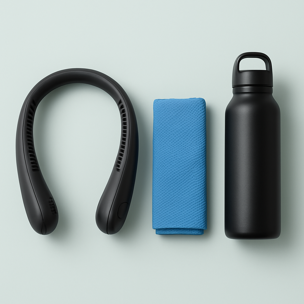 Complete Summer Heat Relief System: neck fan, cooling towel, and insulated bottle